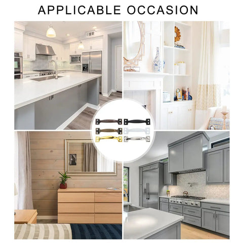 Four Pack Bow Shaped Metal Gate And Cabinet Handles in various room settings, illustrating use on cabinets and drawers.