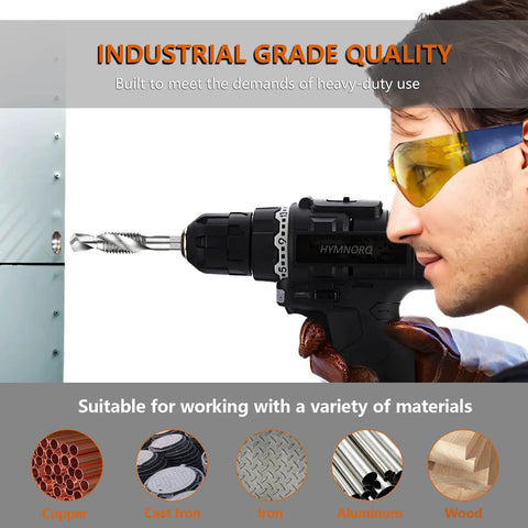 Person using Six Piece Combo Tap And Drill Bit Set With Dual Twist Flute And 118 Degree Split Point High Speed Steel 1/4 Inch Hex Shank on metal