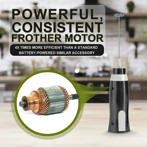 Powerful corded electric milk frother with plug in handheld whisk in a kitchen setting, highlighting motor efficiency.