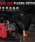 Plasma Cutter STC750P 75 Amp HF Non Touch Pilot Arc Dual Voltage 110 220V With LED Display, cutting metal in a workshop.