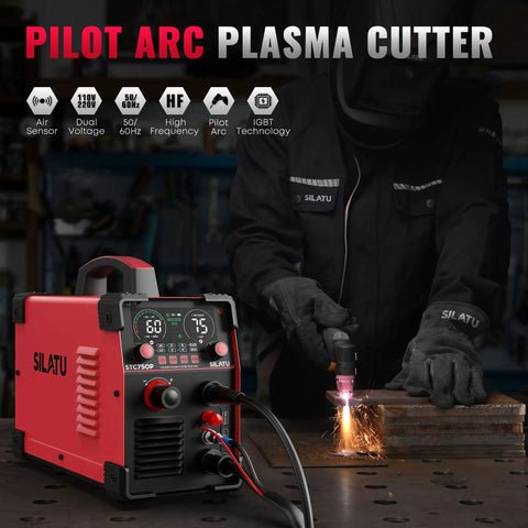 Plasma Cutter STC750P 75 Amp HF Non Touch Pilot Arc Dual Voltage 110 220V With LED Display, cutting metal in a workshop.