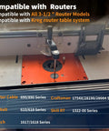 Rock Solid Router Table Lift System With Zero Play For Three Point Five Inch Motor Diameters And Premium Upgraded Base Kit visible on router table.