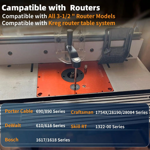 Rock Solid Router Table Lift System With Zero Play For Three Point Five Inch Motor Diameters And Premium Upgraded Base Kit visible on router table.