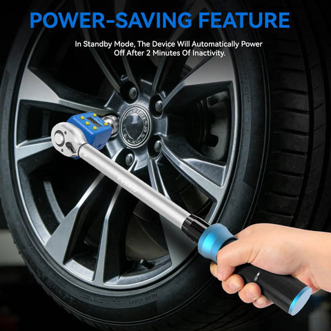 Half Inch Digital Torque Adapter Kit for Ratchets and Breaker Bars, measuring torque on car wheel, power-saving feature shown