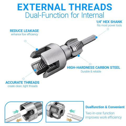 Heavy Duty 3 Piece Pvc Pipe Threading Tool Set Featuring Dual Function Internal And External Thread Cutting And Taping Kit with hex shank for accurate threading.