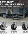 Built Like A Tank Heavy Duty 4 Inch Industrial Caster Wheels With Polyolefin Tires And Rust Resistant Galvanized Tracks for smooth movement in industrial settings.
