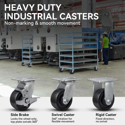 Built Like A Tank Heavy Duty 4 Inch Industrial Caster Wheels With Polyolefin Tires And Rust Resistant Galvanized Tracks for smooth movement in industrial settings.