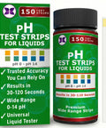Alkaline Water pH Test Strips Kit for Home Use and Liquid Testing packaging and bottle with color chart visible