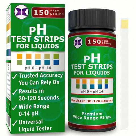 Alkaline Water pH Test Strips Kit for Home Use and Liquid Testing packaging and bottle with color chart visible