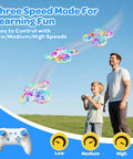 Father and son using Totally Kid Friendly Drone For Beginners with LED lights in a park, showing three speed modes.