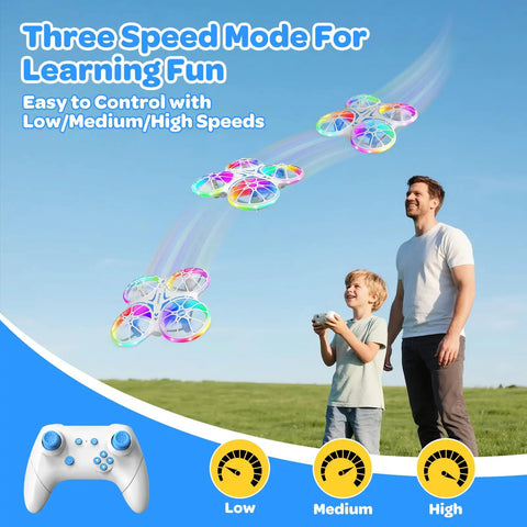 Father and son using Totally Kid Friendly Drone For Beginners with LED lights in a park, showing three speed modes.