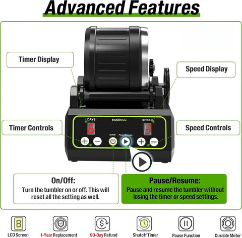 Brushless Rock Tumbler Kit With Massive 2.5Lb Capacity showing advanced features including timer and speed controls