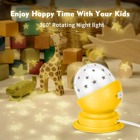 Rotating Star Projector Night Light For Nursery, yellow base, starry projection, with toys in background
