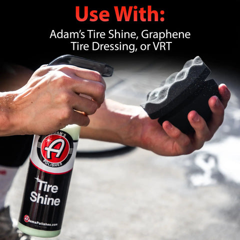 Person using Hex Grip Tire Dressing Applicator Three Pack For Fast Tire Shine with tire shine spray bottle