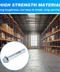 20 Pack 1/2 X 3-Inch Sleeve Anchors For Concrete, in zinc-plated finish, displayed over a warehouse background.