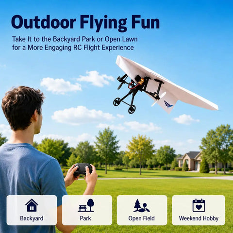 Person flying RC plane with DIY Electric Flight Kit featuring gyro stabilizer in outdoor park setting.