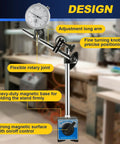 DASBET 110Lbs magnetic base dial indicator holder on an adjustable stand with fine adjustment knob, front view.