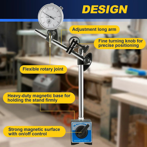 DASBET 110Lbs magnetic base dial indicator holder on an adjustable stand with fine adjustment knob, front view.