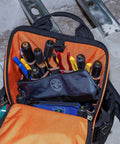 Open tool bag with Stand Up Pro Grade Zipper Tool Pouch Set with Carabiners, 1680D water resistant material, holding tools