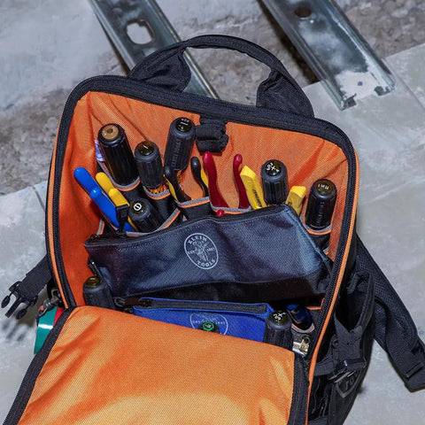 Open tool bag displaying organized pliers, screwdrivers, Stand Up Zipper Tool Bags Set With Carabiners, 7 Inch Blue And 14 Inch Gray Pouches