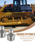 20 Piece M10 Straight Hydraulic Grease Fitting Kit With Zerk Fittings And Nipple Nozzles in front of farm machinery