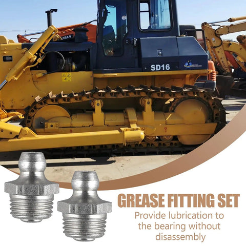 20 Piece M10 Straight Hydraulic Grease Fitting Kit With Zerk Fittings And Nipple Nozzles in front of farm machinery