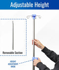 Adjustable height feature of Heavy Duty Stainless Steel Rolling IV Pole Stand with removable section and adjustment knob.