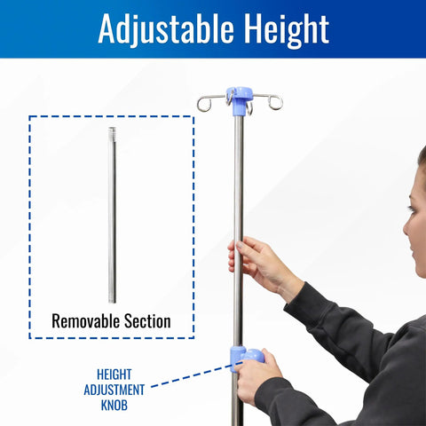 Adjustable height feature of Heavy Duty Stainless Steel Rolling IV Pole Stand with removable section and adjustment knob.