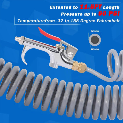 Heavy Duty Truck Air Blow Gun Kit With One Quarter Inch Eleven And A Half Foot Nylon Coil Hose Brass Fittings Lever Duster