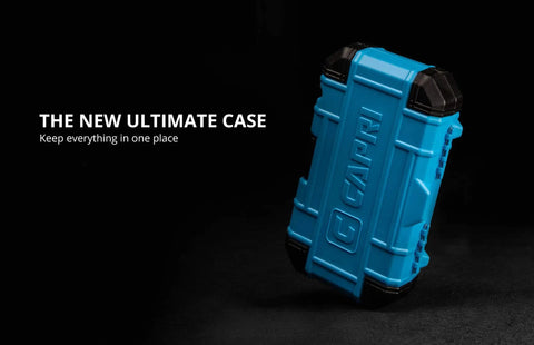 Blue hard-shell case with black corners, labeled 'CAPRI,' for tool storage, shown upright against dark background.
