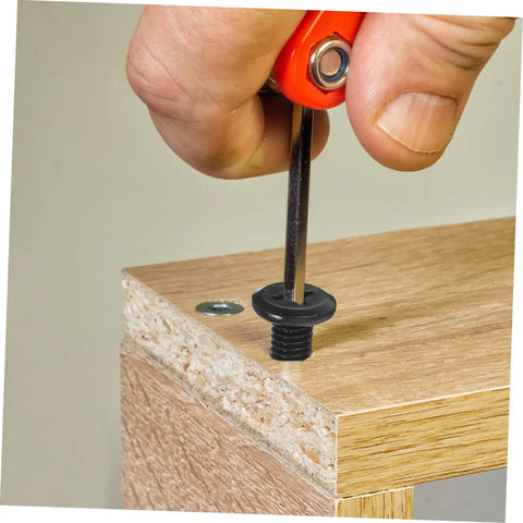 Installing Bulletproof Heavy Duty Lock Screws And Nuts For Furniture Assembly on wood with an allen wrench.