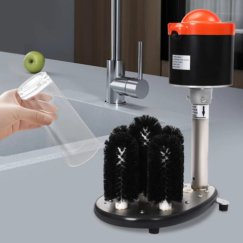 No Sweat Electric Commercial Glass Washer Cranks Out Eight Hundred Cups Per Hour Reliable Five Brush System displaying brushes and vessel by sink