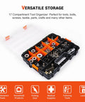 Plastic 17-compartment tool organizer with screws, bolts, and small parts, ideal for versatile storage needs.