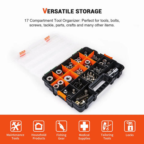 Plastic 17-compartment tool organizer with screws, bolts, and small parts, ideal for versatile storage needs.