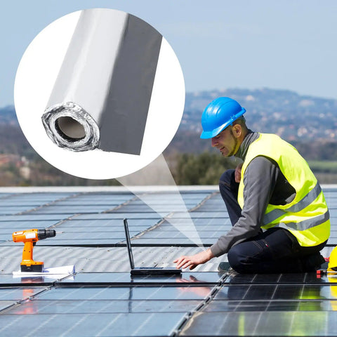 Top Shelf Self Adhesive Roofing Felt Repair Tape Built Badass To Stop Leaks And Seal Surface Cracks Fast For Flat Roofs And Decks close-up on a roll.