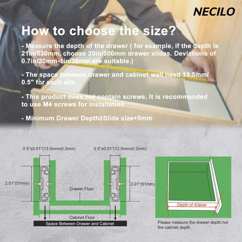 Diagram showing how to choose the size for Heavy Duty Drawer Slides Without Lock 150Lb Full Extension Ball Bearing Rails.