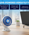 Blue Steel Portable Desk Fan With 360 Degree Oscillation, Dope Active Cooling Technology And Cooling Plate beside a laptop.