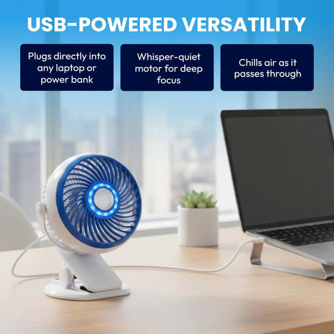 Blue Steel Portable Desk Fan With 360 Degree Oscillation, Dope Active Cooling Technology And Cooling Plate beside a laptop.