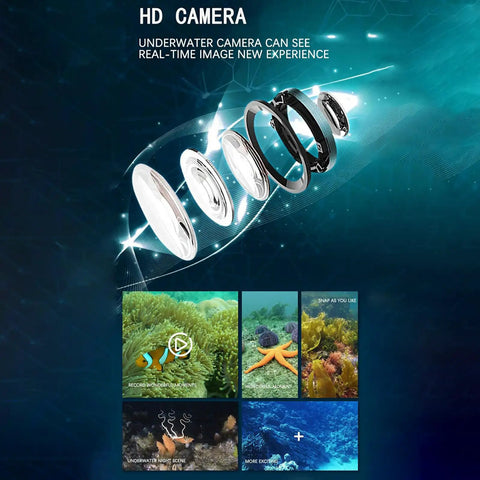Exploded view of HD camera components for Waterproof Camera RC Boat With App Control For Adults, featuring underwater scenes.