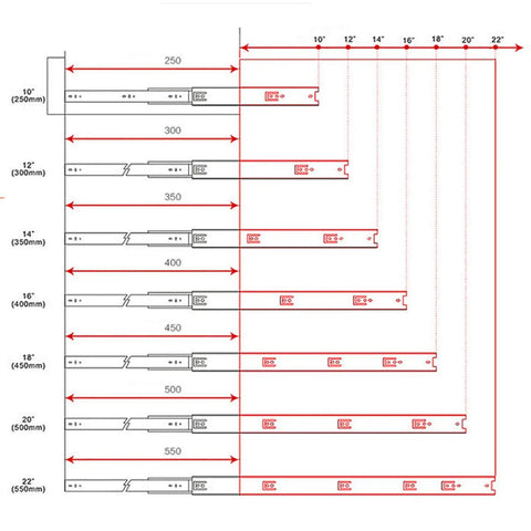 Diagram of Smooth Glide Drawer Runners With Metal Ball Bearings showing sizes from 250mm to 550mm, including 500mm length.