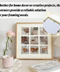 Light-wood 12-photo collage picture frame; front view with 12-photo grid, inset shows back with turn-button fasteners.