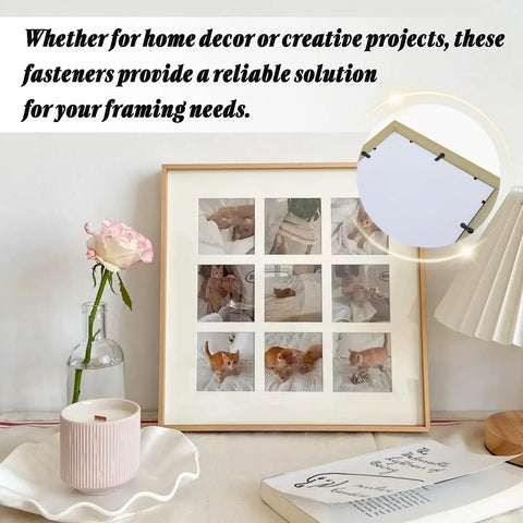 Light-wood 12-photo collage picture frame; front view with 12-photo grid, inset shows back with turn-button fasteners.