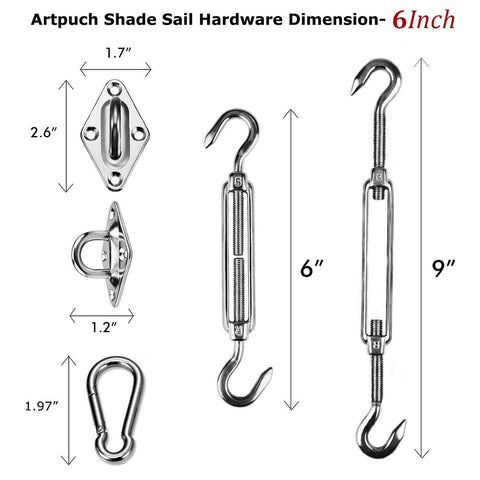 6 Inch Triangle Sun Shade Sail Hardware Kit In 304 Stainless Steel For Outdoor Installation with turnbuckles and screws
