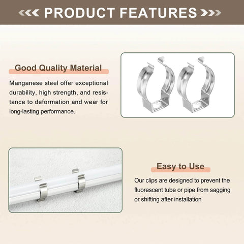 Easy Install T8 U Clip Light Fixture Holder Set Steel Pipe Clamps For Ceiling LED Tube Lights And Fluorescent Tubes Pack Of 36 Durable Silver Tone Mounts For Home Office Garage Workshop shown with manganese steel construction and easy installation process for secure tube fastening.