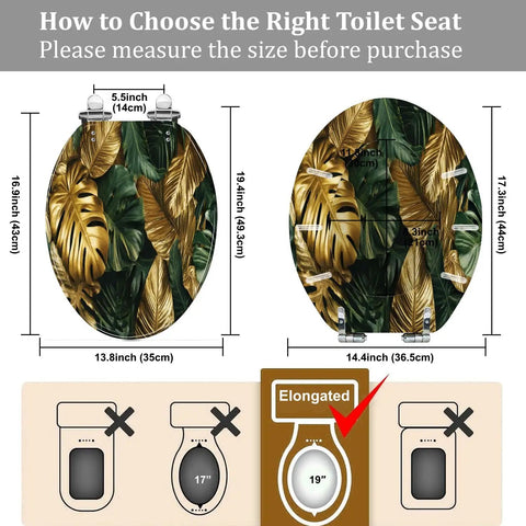 Elongated Resin Toilet Seat for Bathroom showing dimensions and fitting guide for proper installation.