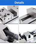 Heavy Duty Six Inch Precision Bench Vise Boasting Bulletproof Flat Jaw Setup For Milling Machines And Cnc Tools Built From Manganese Alloy Steel, showing detailed close-up of jaw and screw mechanism.