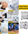 Two stainless steel 18L autoclave sterilizers, front view; collage of aesthetic/dental/eye clinics, lab, tattoo shop.