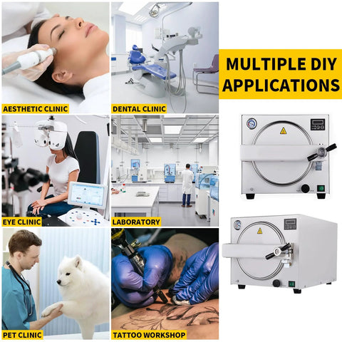 Two stainless steel 18L autoclave sterilizers, front view; collage of aesthetic/dental/eye clinics, lab, tattoo shop.