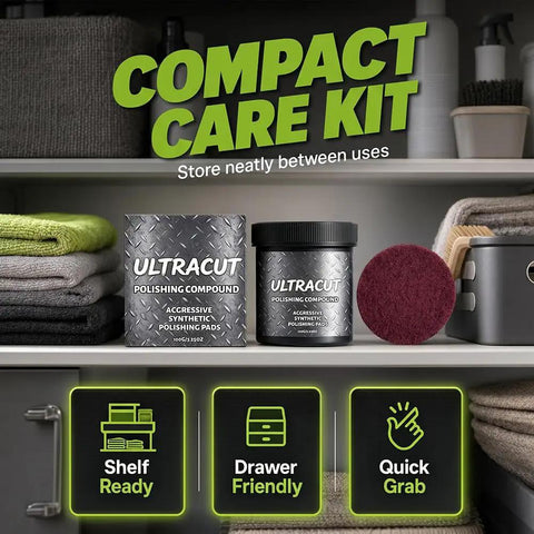 No Sweat All In One Surface Restoration Polish With Buffing Pad For Erasing Scratches And Restoring Slick Shine On Wood Leather Marble Granite Stainless Steel Sinks Ovens Counters Heavy Duty Formula Cuts Through Grime Fast