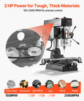 Smooth Running Benchtop Mill Drill Press With Kickass 2 HP Motor And 15.875 Inch Swing Range 150 To 2560 RPM Adjustable Speed showcasing motor specs for metal and wood.